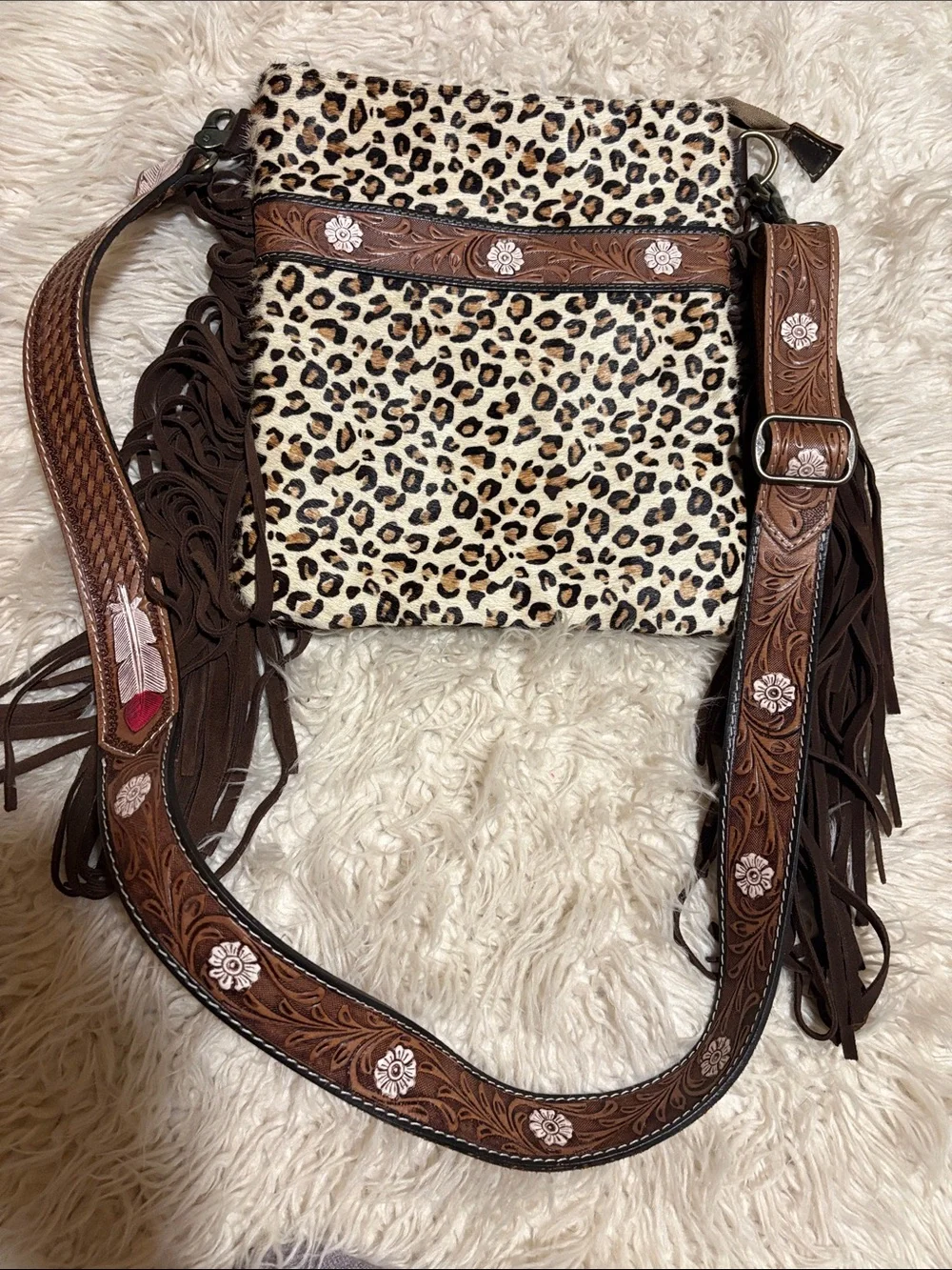 Myra Bag Leopard Print Crossbody with Brown Fringe